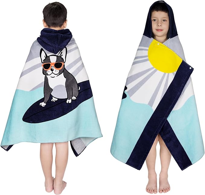 Toddler Bath Towel Hooded - Cotton Kids Beach Towel 30"x50" for Ages 3 to 10, Soft Terry Poncho Towel as Pool Swim Cover Ups for Girls Boys (Bull Dog Surfing)
