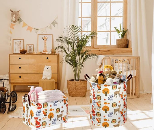 Kids Laundry Basket,Woodland Laundry Hamper Collapsible Animal Storage Baskets for Kids Room Decor,Nursery Hamper,Forest,Toy Organizer,Boys and Girls.(Forest animal) …