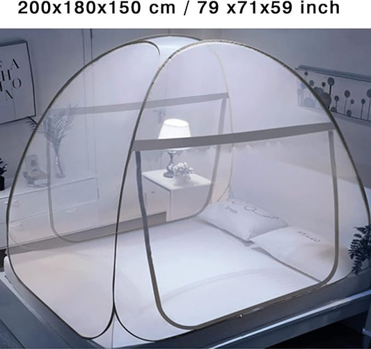 Pop Up Bed Net Tent for Bedroom with Net Bottom, Portable Double Door Travel Folding Design Bed Canopy, Foldable (Khaki-79 x71x59 inch)