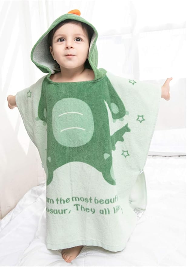 TONWHAR Kids Bath/Pool/Beach Hooded Poncho Towel-Cartoon Animal Pattern Cotton Beach Towel for Baby and Kids (Army Green Dinosaur, 1-4 Years/Height:33.4"-43.3")