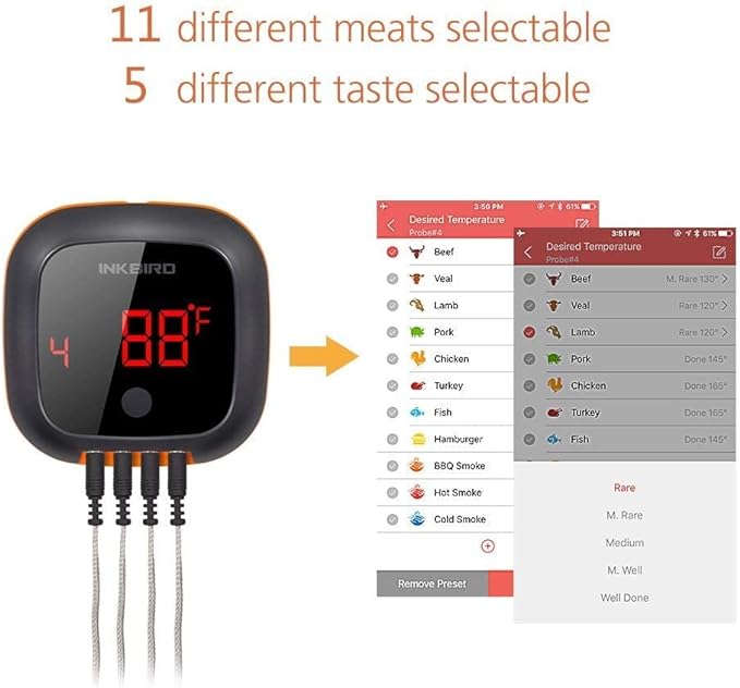 Inkbird IBT-4XS Bluetooth Wireless Grill BBQ Thermometer for Grilling with 4 Probes, Timer, Alarm,150 ft Barbecue Cooking Kitchen Food Meat Thermometer for Smoker, Oven, Drum