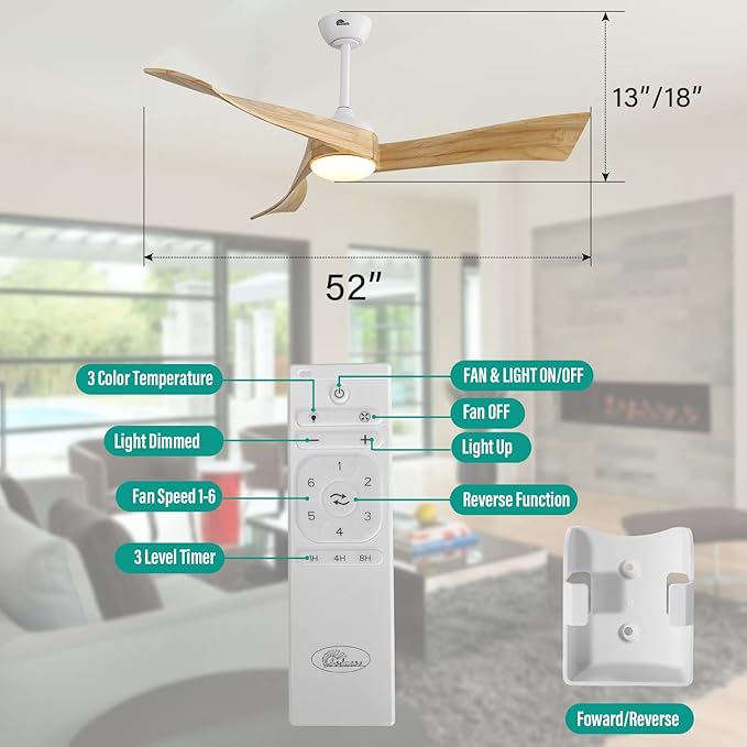 Sofucor 52" Ceiling Fans with Lights Remote Control, 3 Poles for Wave Modern Ceiling Fan with Remote, Outdoor Ceiling Fan for Patios with 6 Speeds and Dimming Lighting, Light Wood Grain