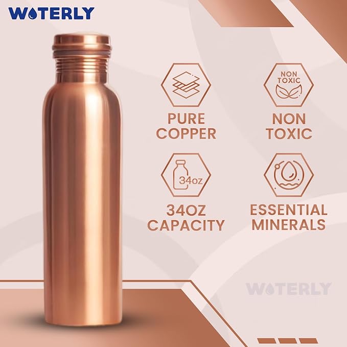 Pure Copper Water Bottle 34 oz Leak Proof Design | 100% insulated copper | Copper healing water benefits for Drinking ,Traveling, gifts , Gym& Office | (1000 ml)