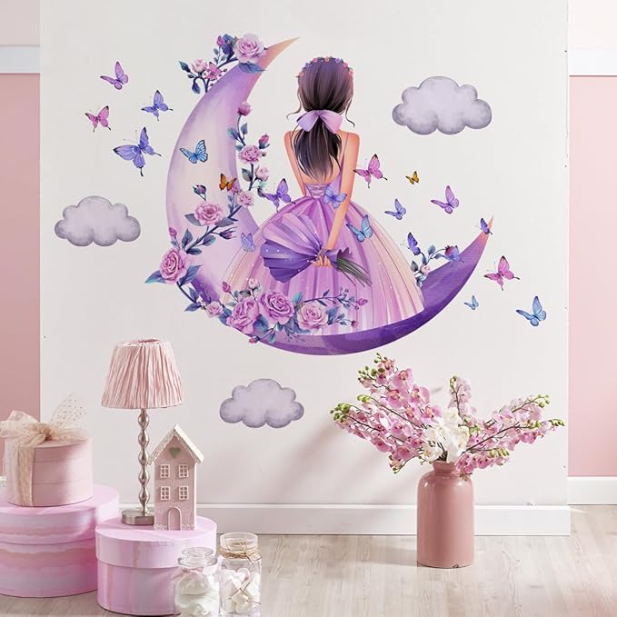 2 Sheets Princess Wall Decals Girls Room Purple Rose Floral Wall Stickers Removable Fariy Wall Decals Peel and Stick Butterfly Room Decor for Girls Bedroom Office Kids Nursery with Moon & Clouds