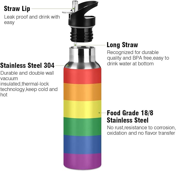 20oz Gay LGBT Rainbow Pride Flag Sports Water Bottle,Double Wall Vacuum Insulated Stainless Steel Lesbian Water Bottle with Straw Keeps Hot& Cold, Bike Running Travel Pride Day Month Gifts