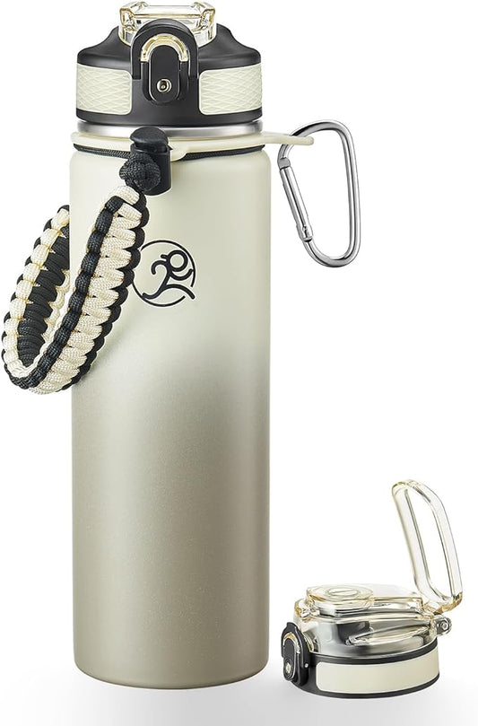 GOSWAG Insulated Sports Water Bottle, 24oz 2 Lids(with Straw/No Straw), Stainless Steel Water Bottles with Paracord Handle, Insulated Thermos with Double-Wall Vacuum Insulation