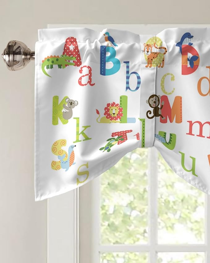 Cute Animals Alphabet for Kids Blackout Tie Up Valance Curtains for Kitchen Windows Colorful Printed Window Toppers Balloon Shades for Living Room/Bathroom/Bedroom,1 Panel,60" X 18"