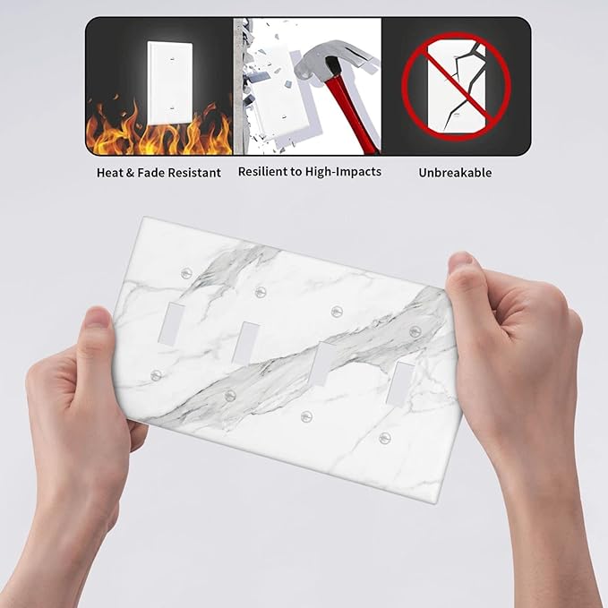 Marble Grey Wall Plate Decorative Light Switch Cover 4-Gang Quad Toggle Faceplate for Bathroom Farmhouse Kitchen Bedroom White