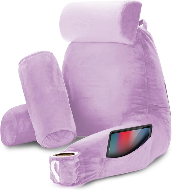 Nestl Reading Pillow Large Bed Pillow, Back Pillow for Sitting in Bed Shredded Memory Foam Chair Pillow, Reading & Bed Rest Pillows Lavender Back Pillow for Bed, Bed Chair Arm Pillow with Pockets