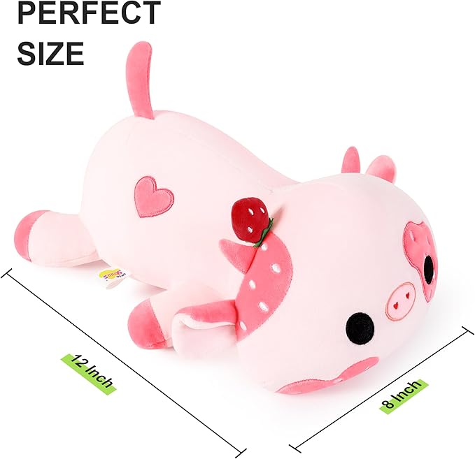 Onsoyours Cute Cow Plushie, Soft Stuffed Strawberry Cow Squishy Plush Animal Toy Pillow for Kids (Strawberry Cow, 12")