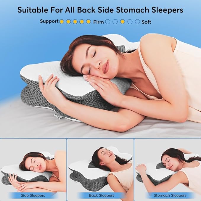 Anvo Cervical Pillow for Neck Pain Relief - Neck Pillows for Pain Relief Sleeping - Cervical Memory Foam Pillows for Neck Pain - Ergonomic Pillow for Side Back Stomach Sleeper-Grey Queen Firm