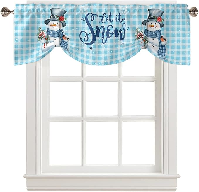Snowman Christmas Blackout Tie Up Valance Curtains for Kitchen Windows Let It Snow Winter Holiday Window Toppers Balloon Shades for Living Room/Bath/Bedroom,1 Panel, 42" X 18",Blue White Buffalo Plaid
