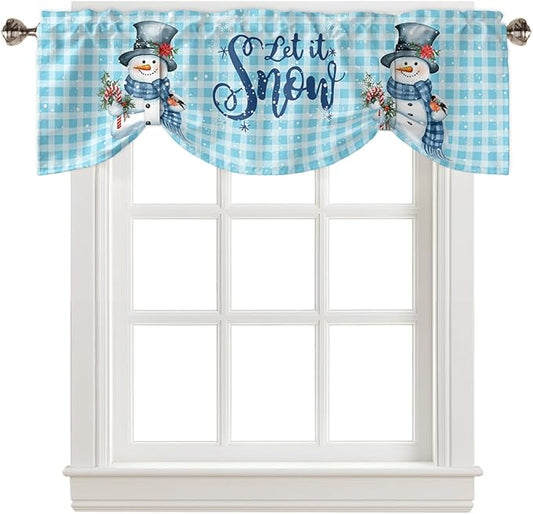 Snowman Christmas Blackout Tie Up Valance Curtains for Kitchen Windows Let It Snow Winter Holiday Window Toppers Balloon Shades for Living Room/Bath/Bedroom,1 Panel, 42" X 18",Blue White Buffalo Plaid