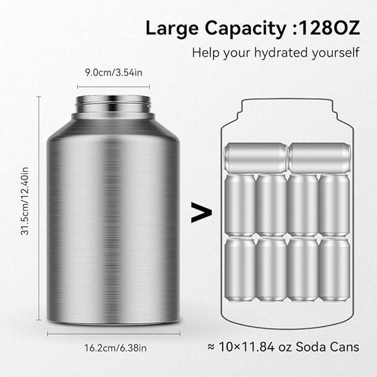 Half Gallon Water Bottle Insulated, 64oz Stainless Steel Half Gallon Water Jug with Straw, Spout,Handle and Carry Sleeve, Wide Mouth,Leak Proof, Keeps Drinks Hot and Cold, Metal Canteen Flask