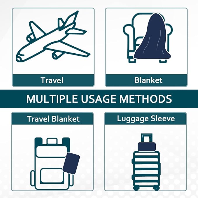 Vessia Travel Blanket for Airplane, Train and Car, Warm and Soft Travel Blanket in Bag for Adults and Kids, Portable Compact Long Flight Blanket with Luggage Sleeve, Backpack Clip(Navy)