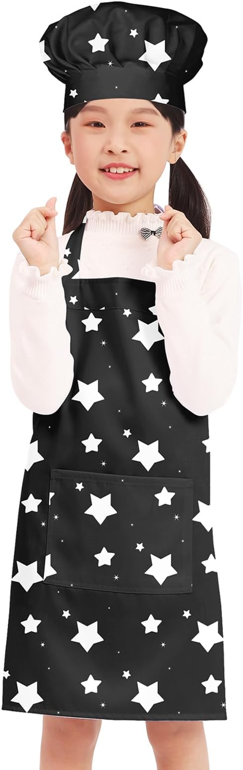 Kids Apron Chef Hat Set for Boys and Girls Adjustable Neck Strap Hook and Loop Fastener Design Waistband for Baking