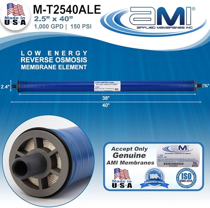 2.5x40 Low Energy Reverse Osmosis Membrane Element for Tap Water | 1,000 GPD at 150 psi | 99% Rejection | Replacement Commercial RO Membrane | Applied Membranes USA M-T2540ALE