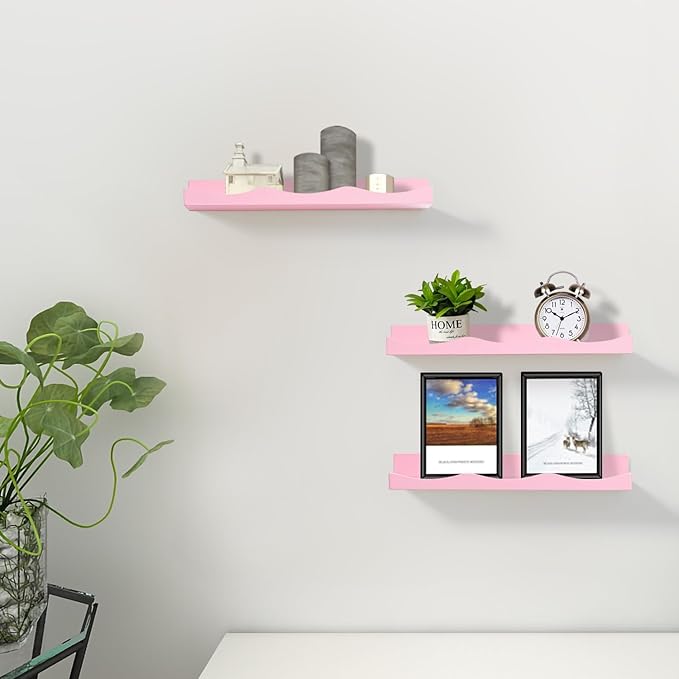AZSKY Floating Bookshelf for Kids, Picture Ledge Shelf for Wall Decor and Storage 16 Inches Nursery Book Shelves Set 3, Baby Book Shelf for Kids Room Decor(Pink)