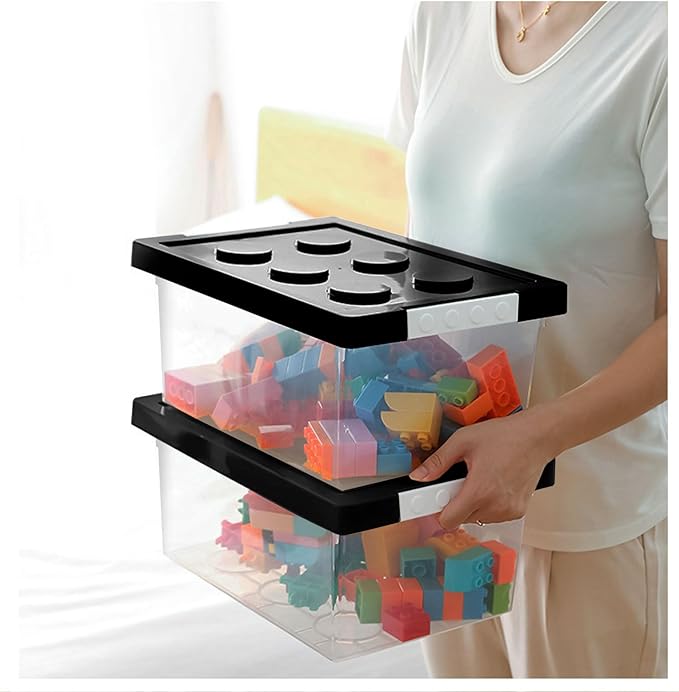 loobuu Plastic Storage Bins with Lids - Stackable Toy Storage Organizer Box Set of 2, Kids Toy Chests with Compatible Building Baseplate and Lid, Storage Container for Building Bricks & Toys- Black