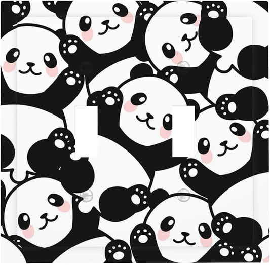 Cute Panda Double Toggle Light Switch Covers 2 Gang Wall Plate Dual Decorative Switchplate Electrical Faceplate for Bathroom Country Kitchen Bedroom Decor, 4.9" x 5"