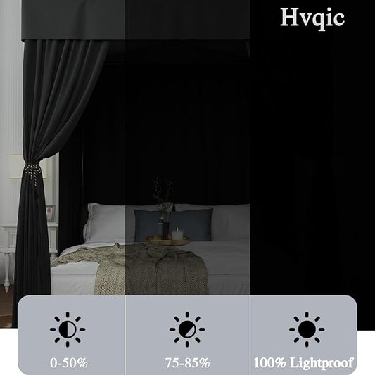 Hvqic Black Canopy Bed Curtains - 4 Corner Post Bed Curtains King Bed Curtains Lightproof Drapes Bed Canopy for Adults & Girls Bedroom Decoration (King,Black)