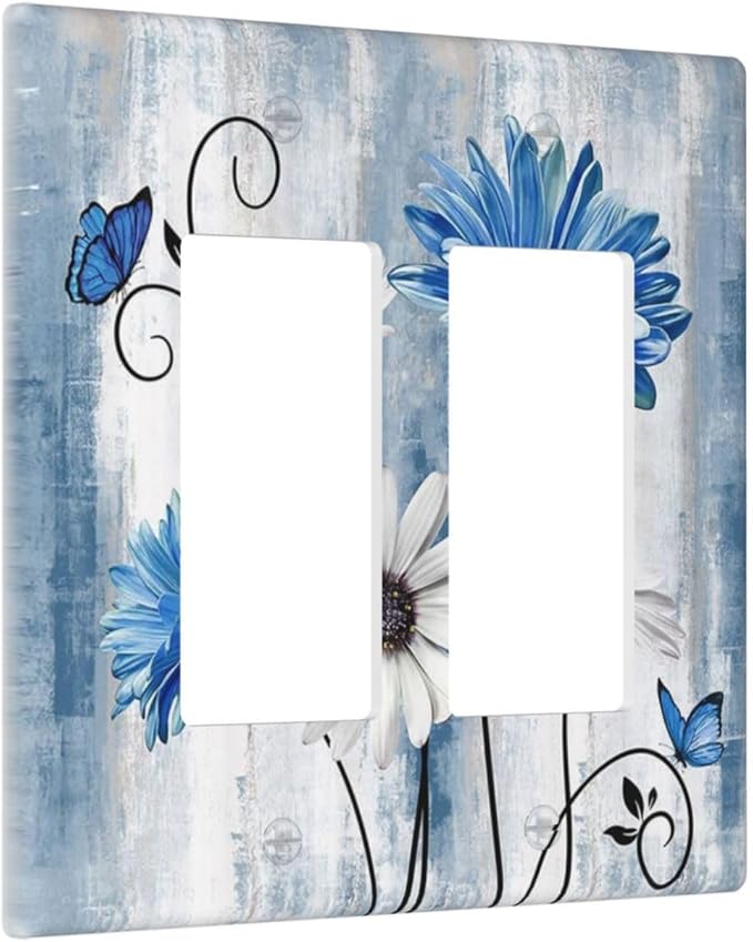 Rustic Teal Blue Daisy Floral 2 Gang Rocker Decora Light Switch Covers Dual Outlet Covers Wall Plate Decorative Switchplate Electrical Faceplate GFCI for Country Bathroom Bedroom Kitchen Decor
