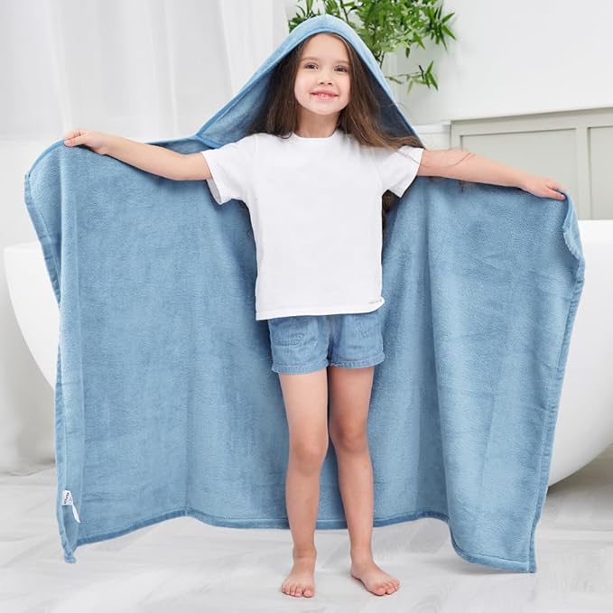Hiturbo 2Pcs Kids Fleece Hooded Towel: Soft Plush Warm Blanket - 50"x30" Pool Beach Bath Swim Towel Wrap for 3-12 Yrs (Blue)