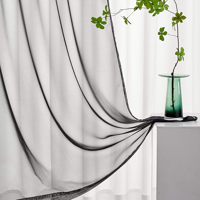 Black Sheer Voile Curtains Translucent Solid Color Window Treatment 72 Inches Long Panels Rod Pocket Black Sheers for Bedroom Living Room 2 Panels 52x72