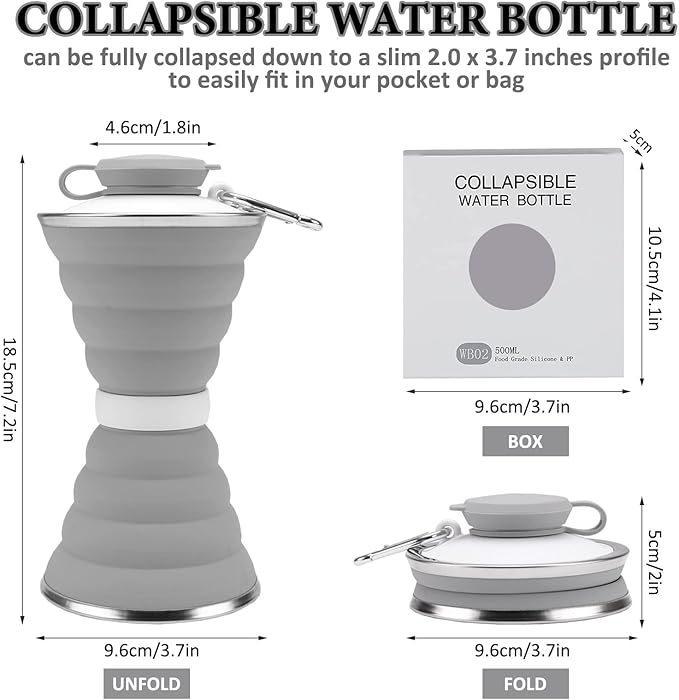 jessie Collapsible Water Bottles 17 oz Silicone Foldable Water Bottles Portable Travel Water Bottle with Buckle for Camping Hiking Sports Outdoor Gym Summer (Gray)