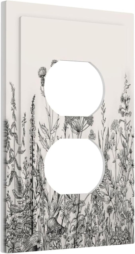 Vintage Grey Floral Herbs Wild Flowers Botanical Single Duplex Wall Plate Covers Boho Light Switch Cover 1 Gang Outlet Plate Decorative Country Electrical Receptacle Art Faceplate Switchplate
