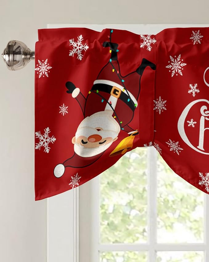 Red Merry Christmas Blackout Tie Up Valance Curtains for Kitchen Windows Funny Hanging Santa Window Toppers Balloon Shades for Living Room/Bathroom/Bedroom,1 Panel, 60" X 18", Snow Winter Holiday
