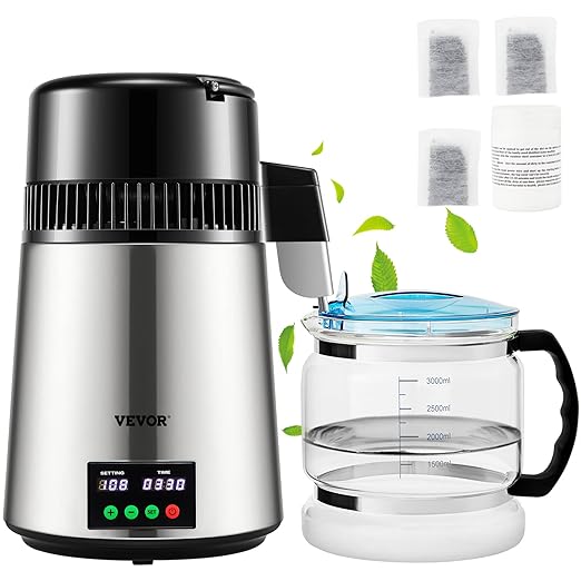 VEVOR 1.1 Gal Water Distiller, 0.3 Gal/H, Distilled Water Maker Machine, 750W, 304 Stainless Steel Countertop Distiller, Glass Carafe, Cleaning Powder, Carbon Packs, Silver