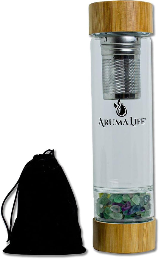 Crystal Water Bottle plus Loose-Leaf Tea/Fruit Infuser, Safe for Hot and Cold Drinks, Eco-friendly Plus BONUS Protective Sleeve & Extra Set of Crystals Coloured Fluorite & Yellow Jasper