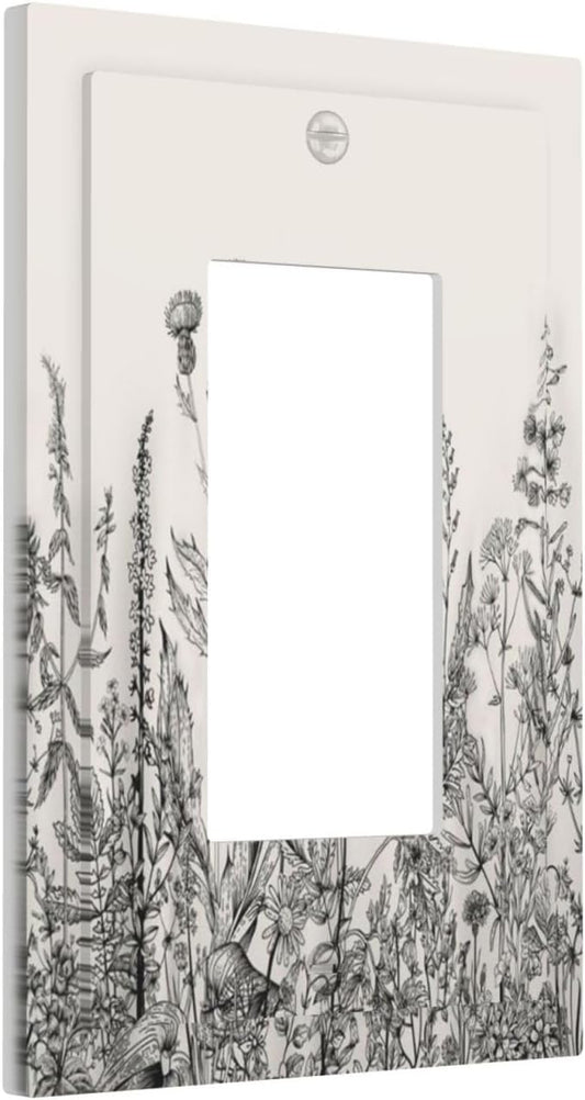 Vintage Grey Floral Herbs Wild Flowers Botanical 1 Gang Rocker Boho Light Switch Covers Decorative Country Unique Single Decora Outlet Wall Plate Faceplate Switchplate GFCI for Bedroom
