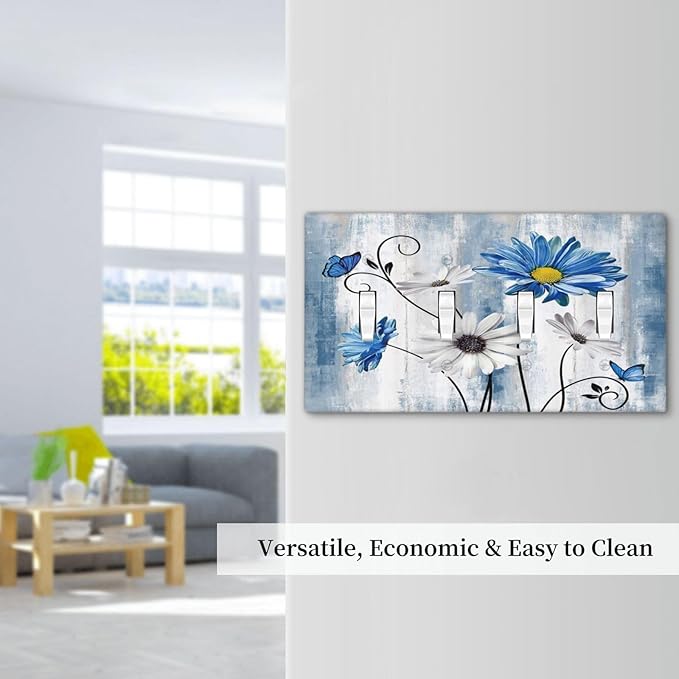 Rustic Teal Blue Daisy Floral Farmhouse Quad Toggle Light Switch Covers 4 Gang Wall Plate Decorative Switchplate Electrical Faceplate for Country Bathroom Bedroom Kitchen Decor
