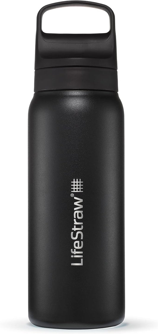 LifeStraw Go Series – Insulated Stainless Steel Water Filter Bottle for Travel and Everyday use removes Bacteria, parasites and microplastics, Improves Taste, 24oz Nordic Noir