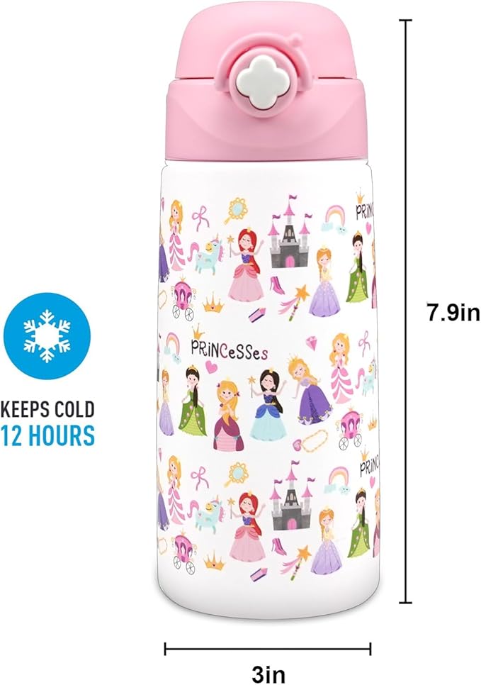 Kids Insulated Water Bottle with Covered Pop-Up Straw,16oz Kids Cups with Stainless Steel Leak Proof for School Boys Girls(2-Princess)