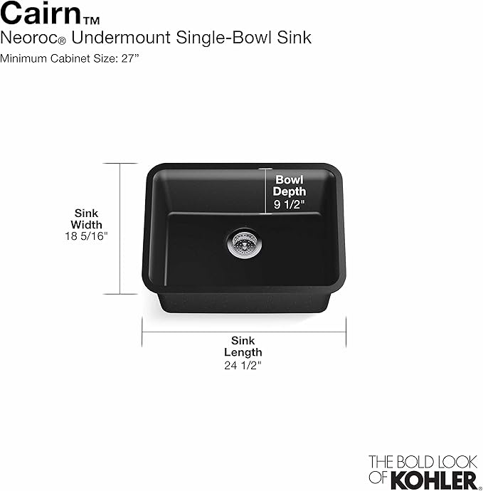 KOHLER K-28001-CM1 Cairn Sink, 24 in, Matte Black