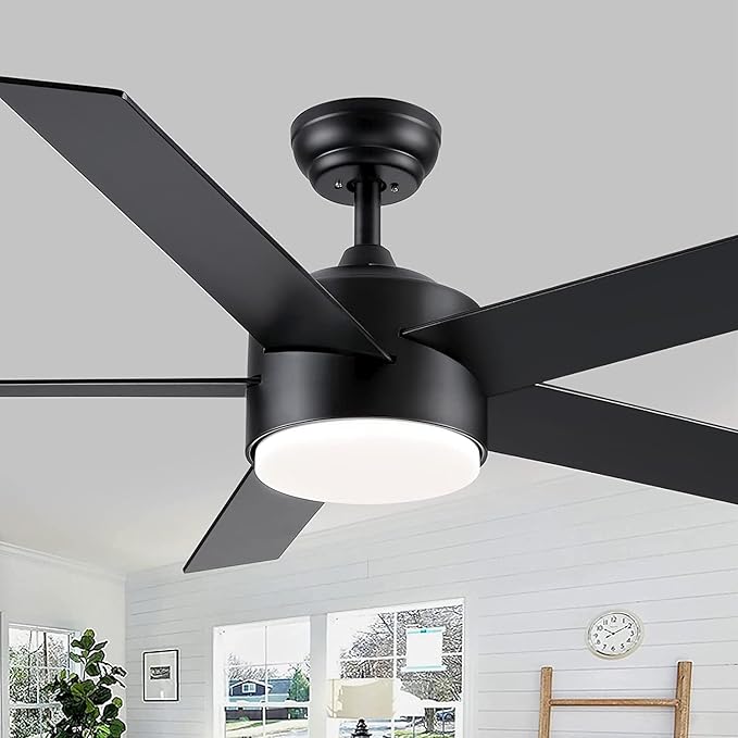 52 inch Black Ceiling Fans with Lights and Remote Control, LED Ceiling Fan Dimmable 3-Color Temperatures 6-Speed, Quiet Modern Ceiling Fan for Bedroom, Living Room, Dining Room