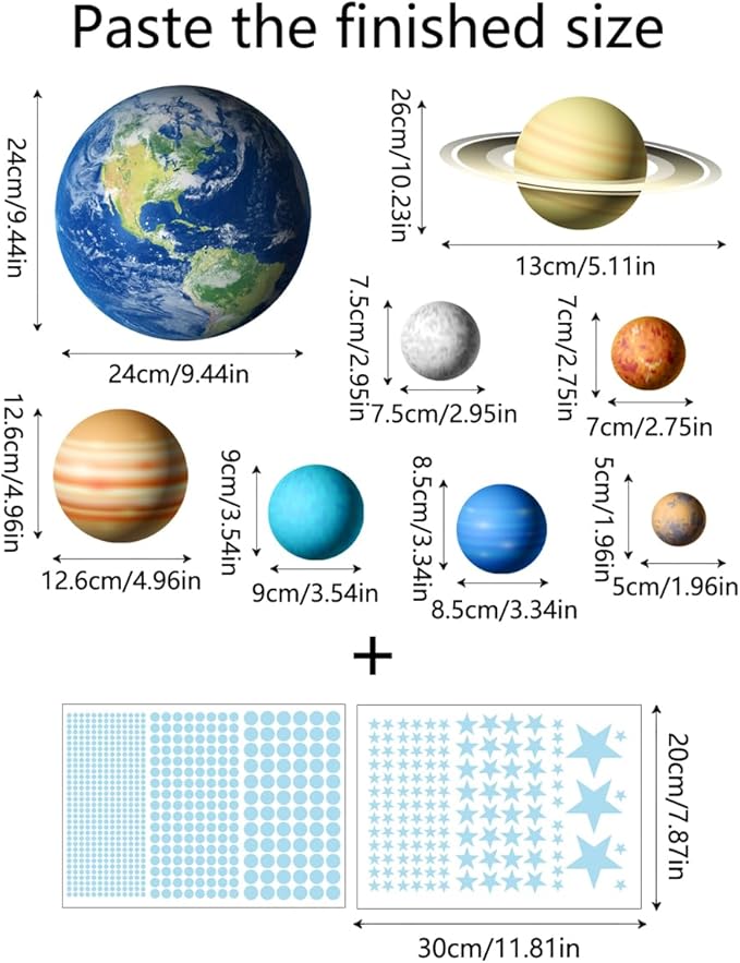 Glow in The Dark Solar System Wall Decals,Glow in The Dark Stars Solar System Wall Decals,Sun and 8 Major Planets Wall Decals for Bedroom, Nursery Wall Stickers for Bedroom (Blue)