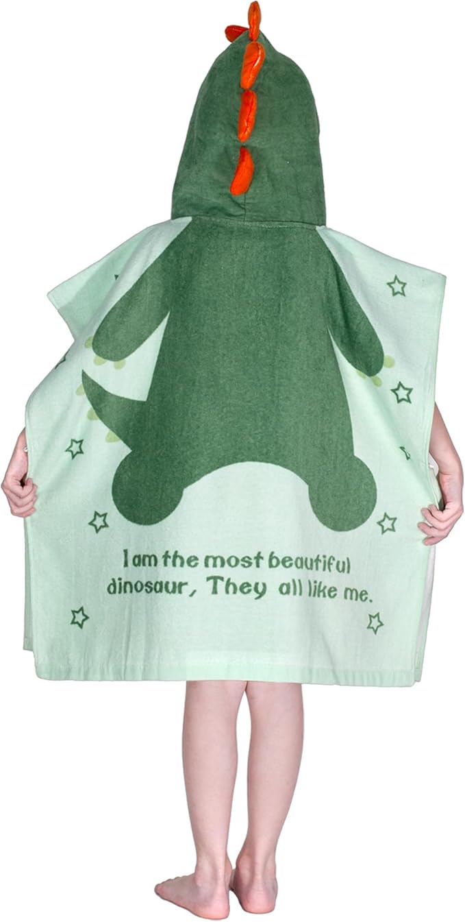 Toddler Bath Towel Hooded - Cotton Kids Beach Towel 24"x24" for Ages 1 to 5, Toddler Towels with Hood Snaps, Soft Terry Poncho Towel as Pool Swim Cover Ups for Girls Boys (Dino Green)