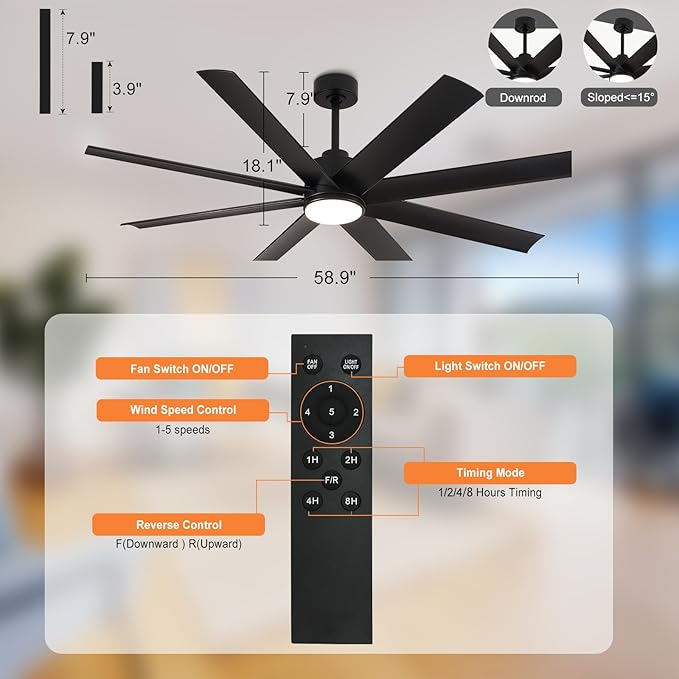 Depuley 60" Indoor or Covered Outdoor Ceiling Fans, Industrial DC Motor Ceiling Fan with LED Light for Living Room Basement Sunroom Porch Patio, 5-Speed Remote App Control, Black