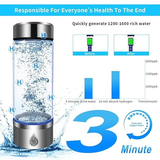 Hydrogen Water Bottle, Portable Hydrogen Water Bottle Generator and Well-being, Refine Water in 3 Minutes, Convenient for Workplace, Day Travel and Drinking, Gift for Beloved. (Silver)