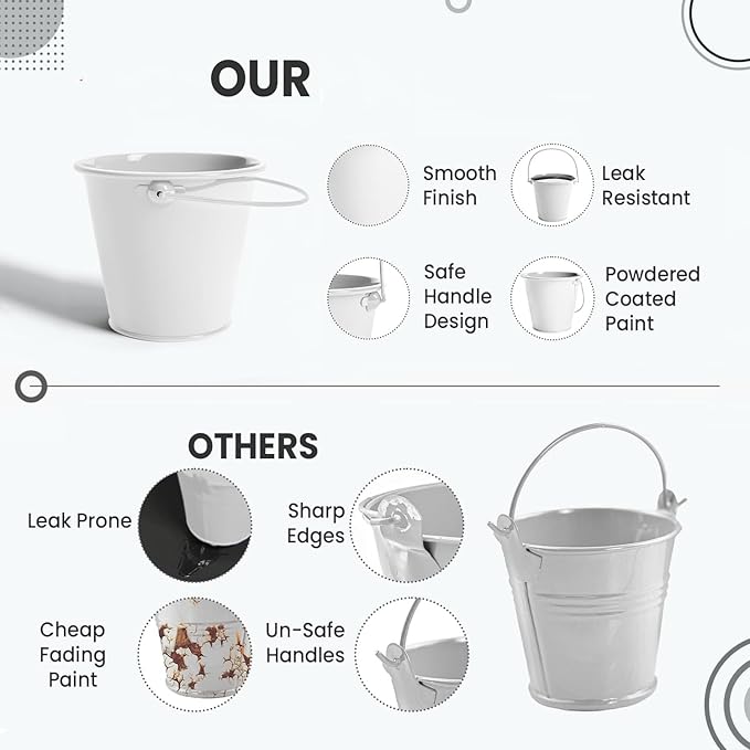 Small Metal Buckets with Handle 6 Pcs – Galvanized Bucket Leak Proof & Rust Resistant 20 fl oz Capacity - Best for Party Décor, Organizing & Decorating Classrooms (White, Small 4.3" Top)