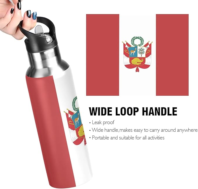 Peru Flag Sports Water Bottle, Double Wall Vacuum Insulated Stainless Steel Water Bottle with Straw Keeps Hot and Cold, Bike Running Sports Travel Gym 20oz