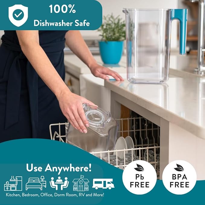 Perfect Pour Large 10 Cup Water Filter Pitcher by Aqua Optima, Reduces Microplastics, Ergonomic, Eliminates Splashes and Spills, BPA Free, NSF Certified, Includes 6 Evolve+ Water Filters, Blue