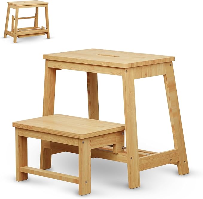 Bamboo Folding Step Stool with Sturdy Structure and Wide Stepping Surface for Safety, Multi-Purpose Foldable Step Stool, Step Ladder for Bathroom,Bedroom,Kitchen Step Stools for Adults 350 lbs