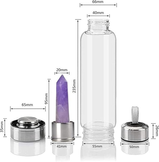 Natural Amethyst Glass Water Bottle Vitality Crystal Energy Stick Water Cup Sports Portable Drinking Water Bottle Gemstone Setting Balance Healing Women Men Gifts