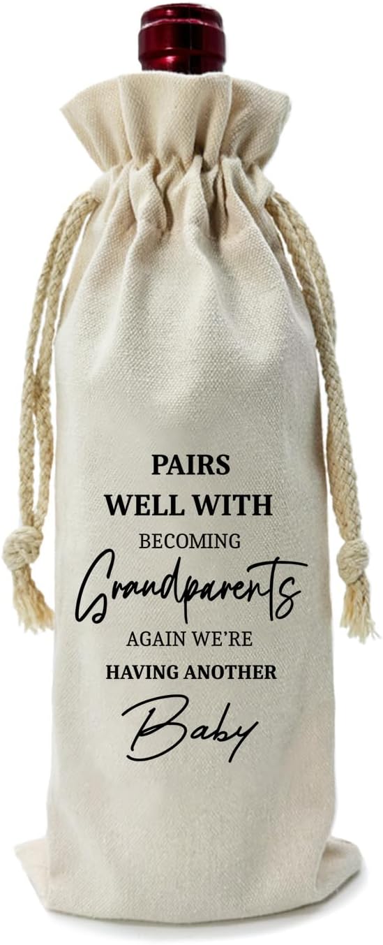 ZHANTUONE,Gift for Being Grandparents Again Ideas Wine Bag,Funny Pregnancy Announcement Wine Bag,Drawstring Polyester Cotton Cloth Wine Bag,Gifts for Grandparents,New Baby Gift,13IN