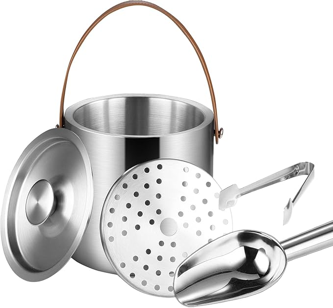Stainless Steel Double-Wall Insulated Ice Bucket with Lid, Scoop, Tong, Strainer, Leather Handle Keep Ice Frozen Longer Large Wine Ice Buckets for Parties Cocktail Bar Chilling Champagne 2L